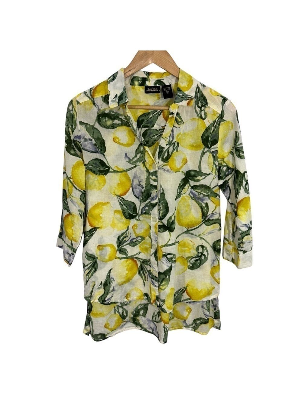 Sara Studio Cotton Lemon Button Up Shirt Womens S Yellow Summer Top Tunic EUC